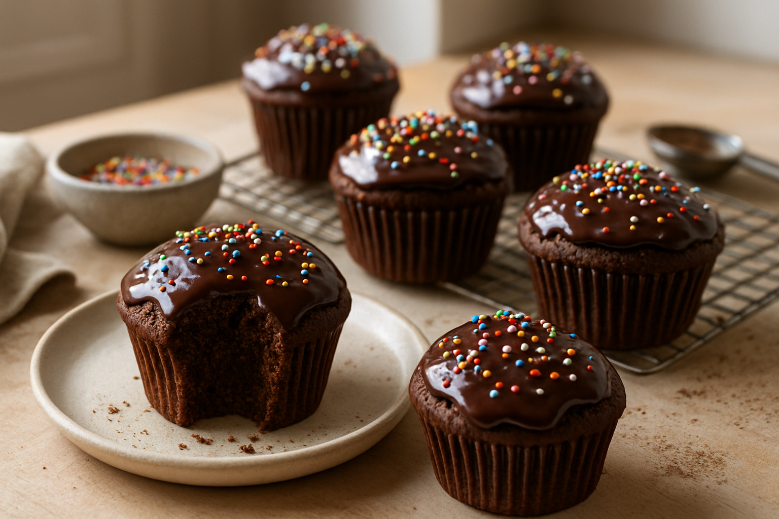 Classic Chocolate Cupcakes with Ganache and Nonpareil Sprinkles
