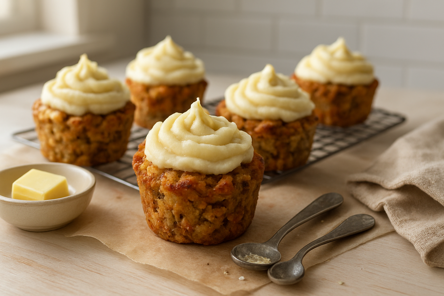 Savory Stuffing Cupcakes with Creamy Mashed Potato Topping Recipe