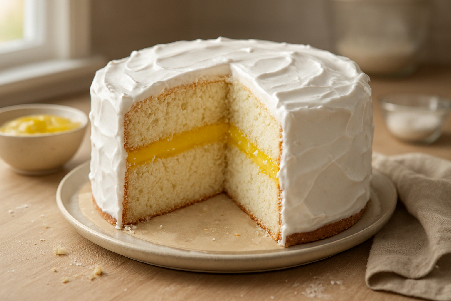 Light and Fluffy White Layer Cake with Tangy Lemon Curd Filling