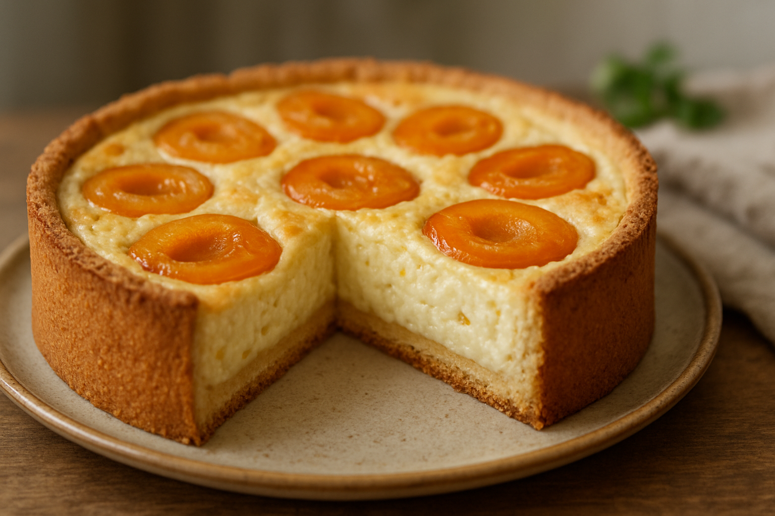 Aprikosenkuchen mit Milchreisfüllung: cremiger Sommerkuchen mit Mürbeteig