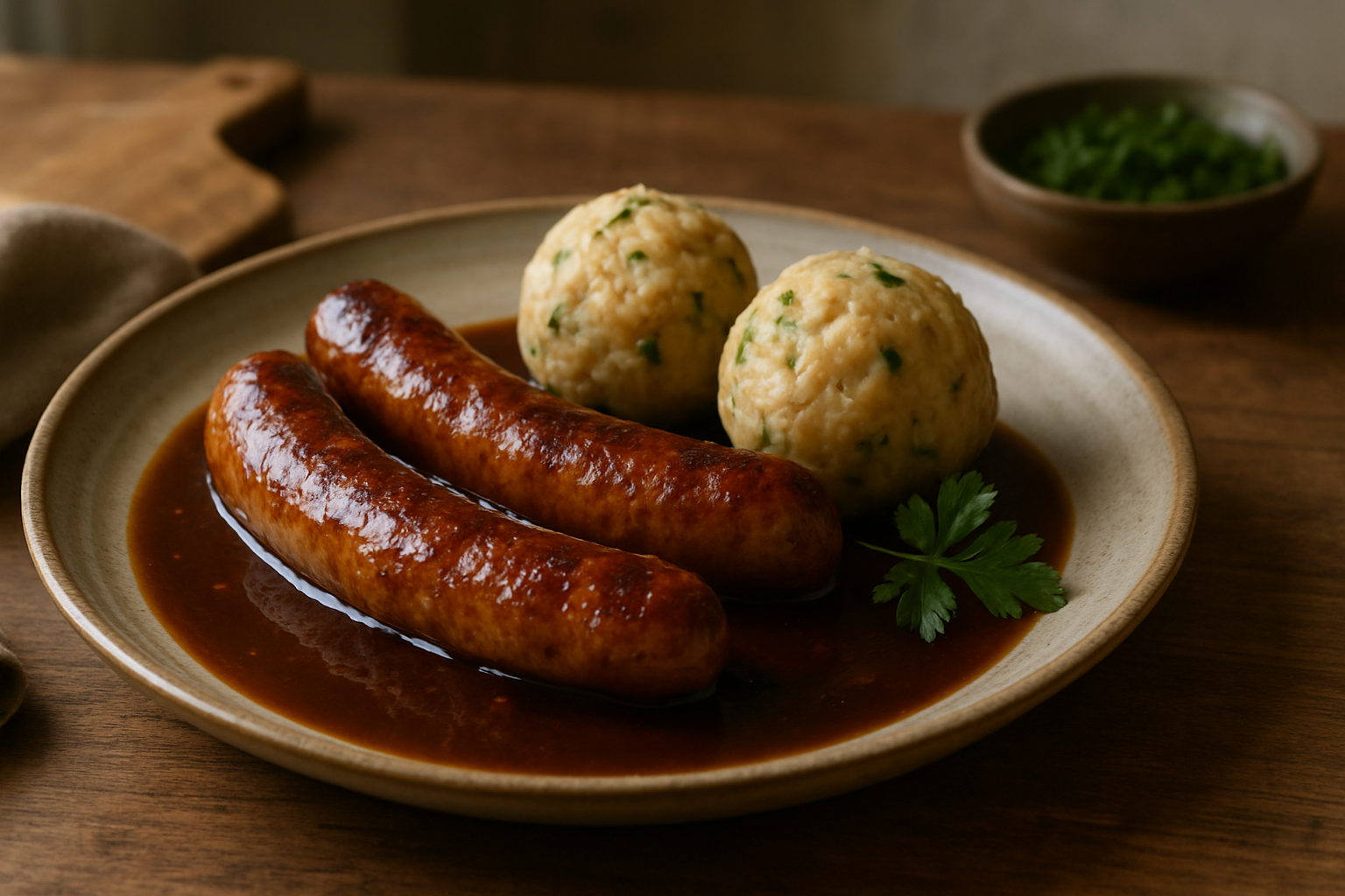Bratwürstchen in dunkler Biersauce mit Mini-Semmelknödeln – Bayerischer Klassiker für gemütliche Abende