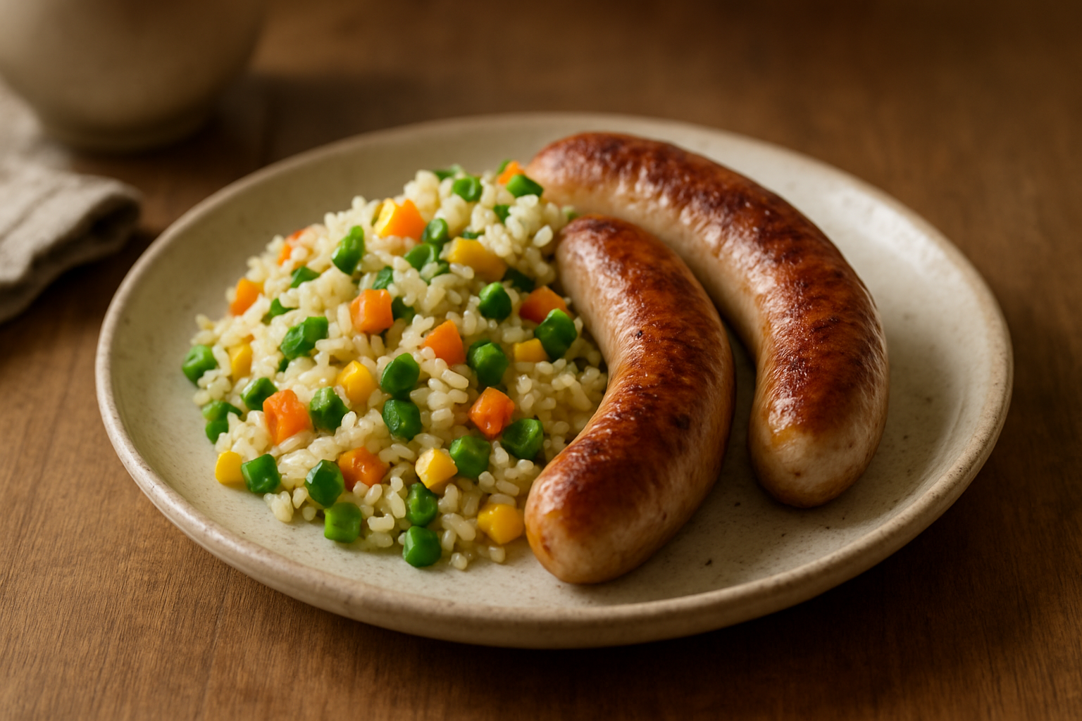 Bratwurst mit Gemüse-Reis Bratwurst mit Gemüse-Reis