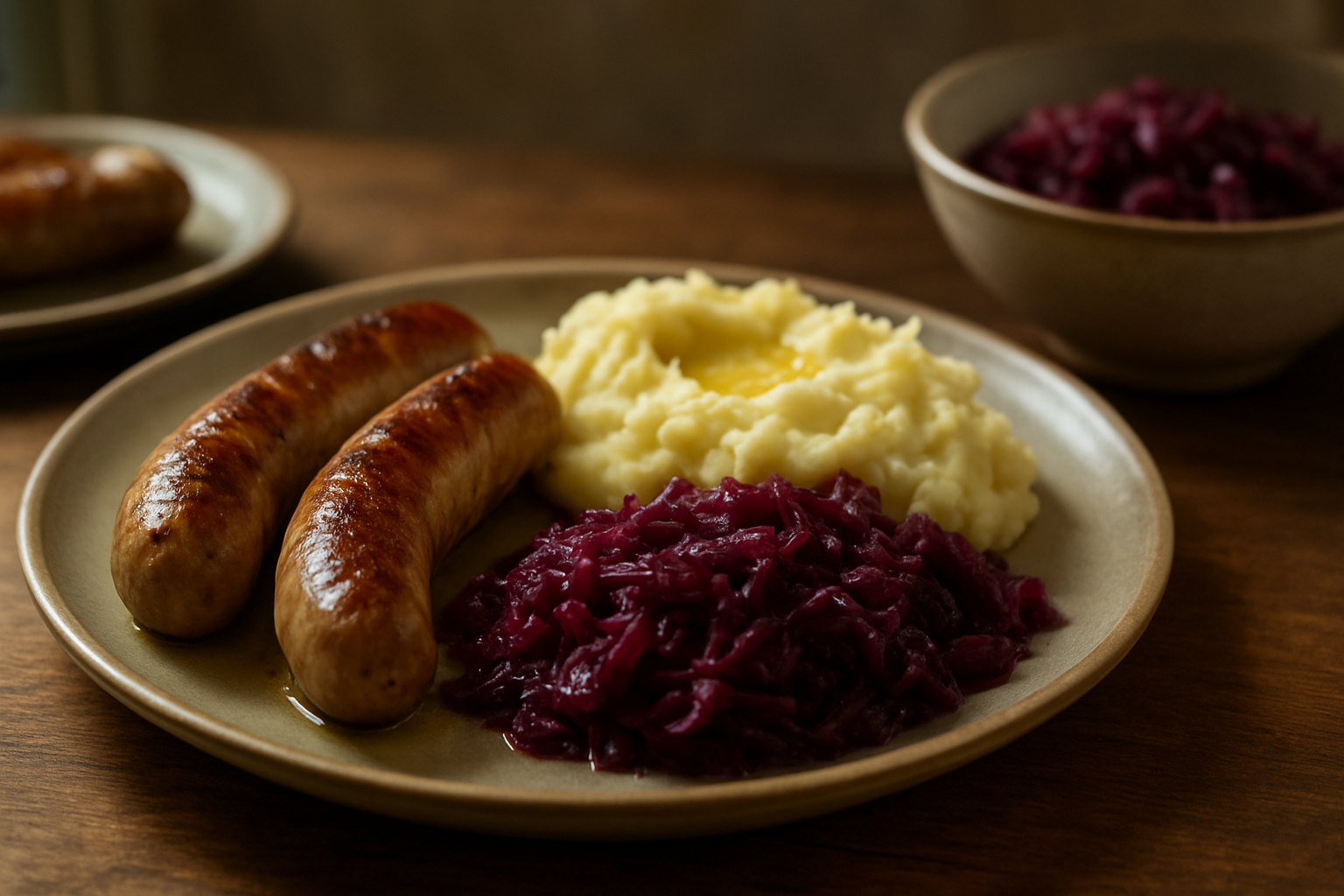 Bratwurst mit Rotkohl und Kartoffelpüree – Herzhaftes Herbstgericht aus der deutschen Küche