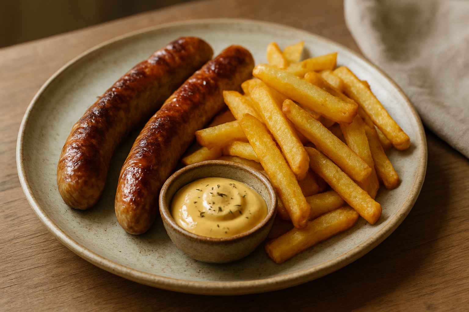 Bratwurst mit Senfsoße und knusprigen Pommes – Bayerischer Klassiker für jeden Tag