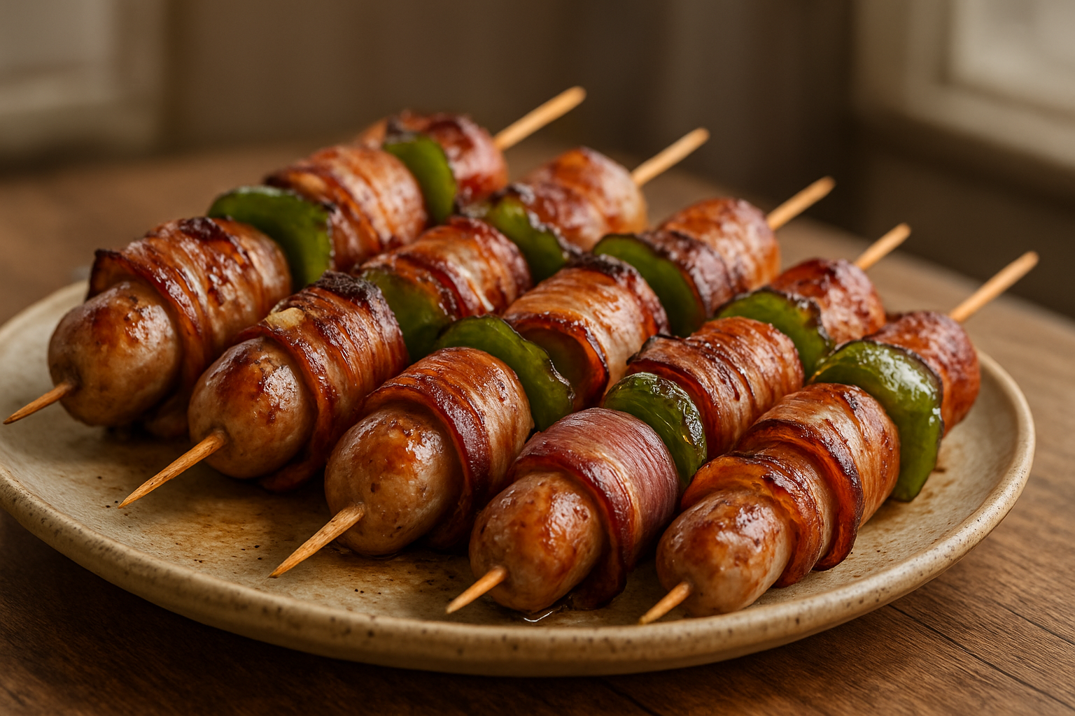 Bratwurstspieße mit Bacon und Paprika – Perfekt für den Grillabend