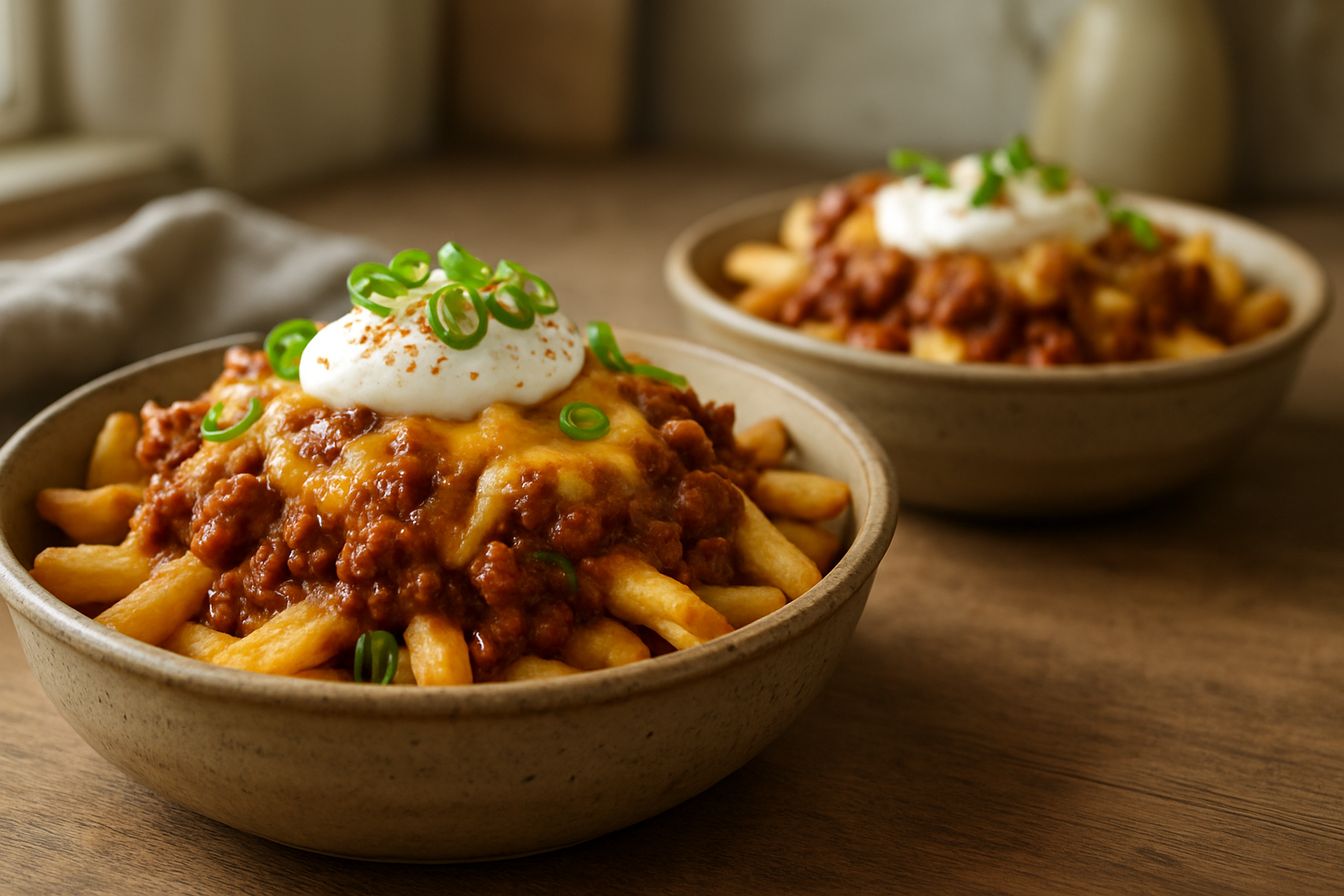 Chili con carne mit Käsepommes Chili con carne mit Käsepommes