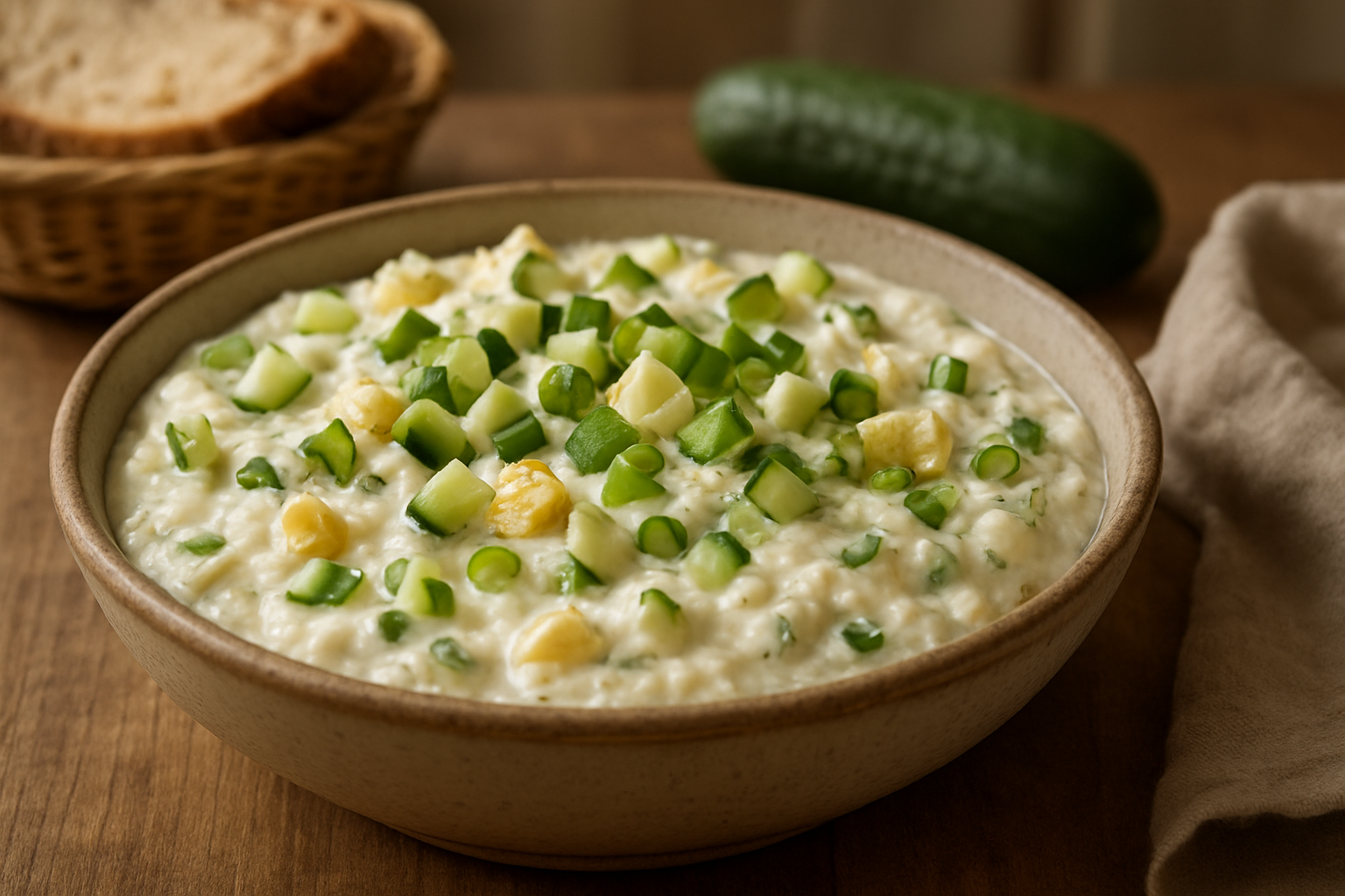 Frischkäse-Eier-Creme mit Gurke und Frühlingszwiebeln
