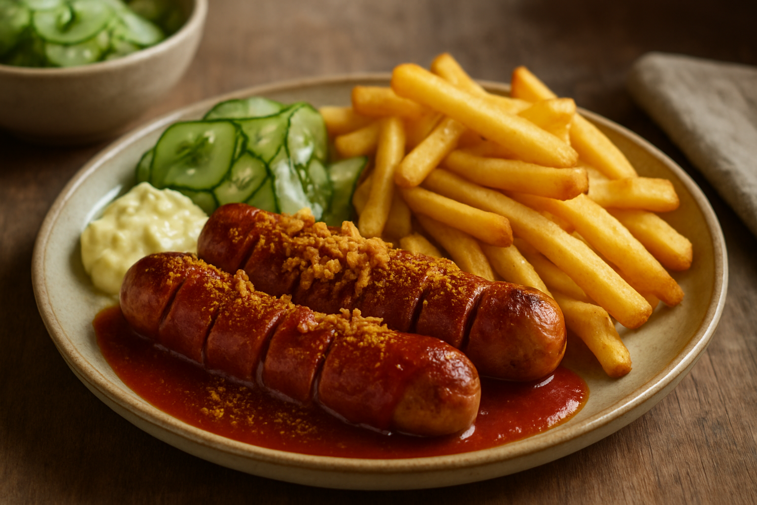 Dänische Currywurst mit Pommes und Gurkensalat – Einfaches Alltagsgericht