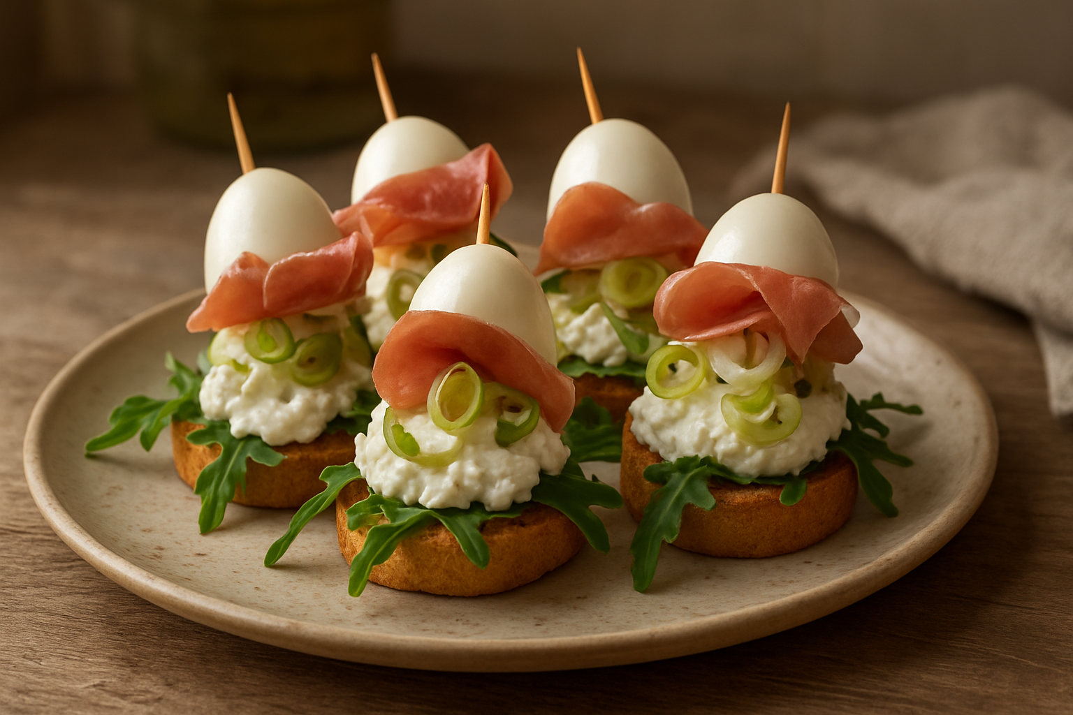 Eier am Spieß mit Frischkäse, Rucola und Parma-Schinken
