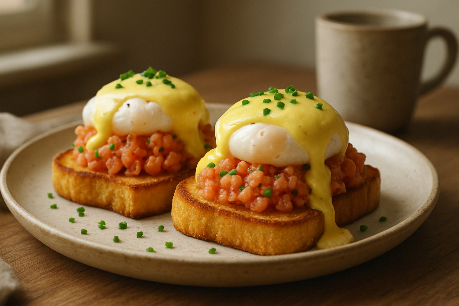 Eier Benedict mit Lachs-Tatar und Sauce Béarnaise