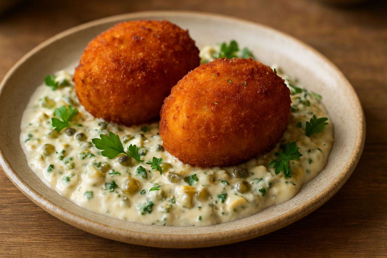 Panierte Eier mit Kapern-Gurken-Sauce: knusprig frittieren