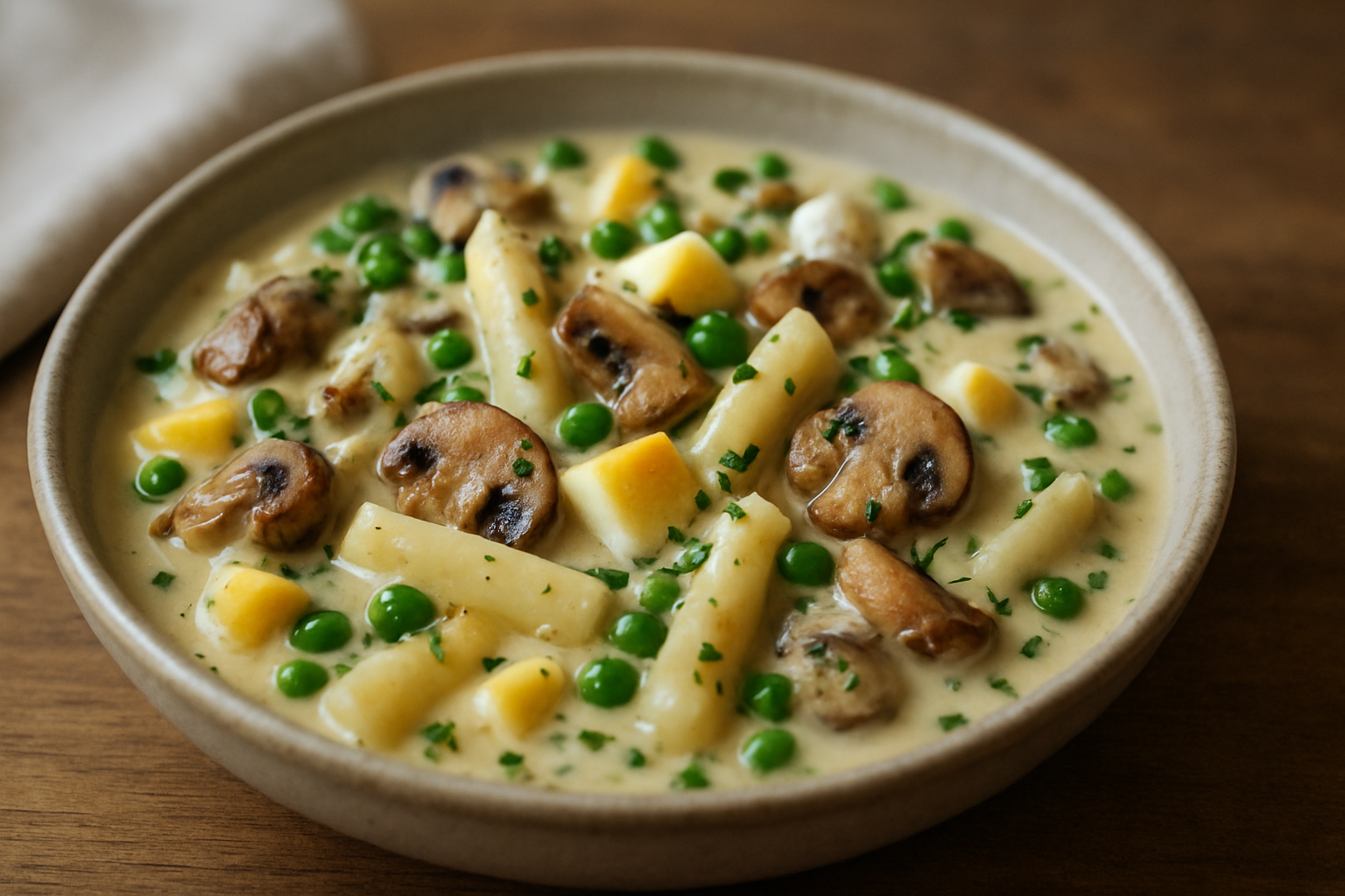 Eierfrikassee mit Spargel und Champignons: cremiges Frühlingsrezept