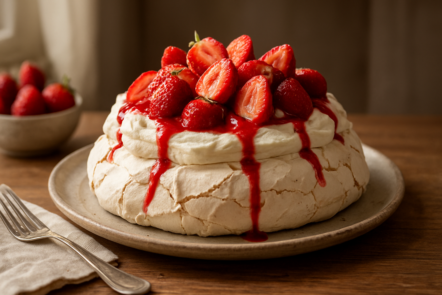 Erdbeer-Pavlova-Torte: knuspriges Baiser mit Sahne und Erdbeeren
