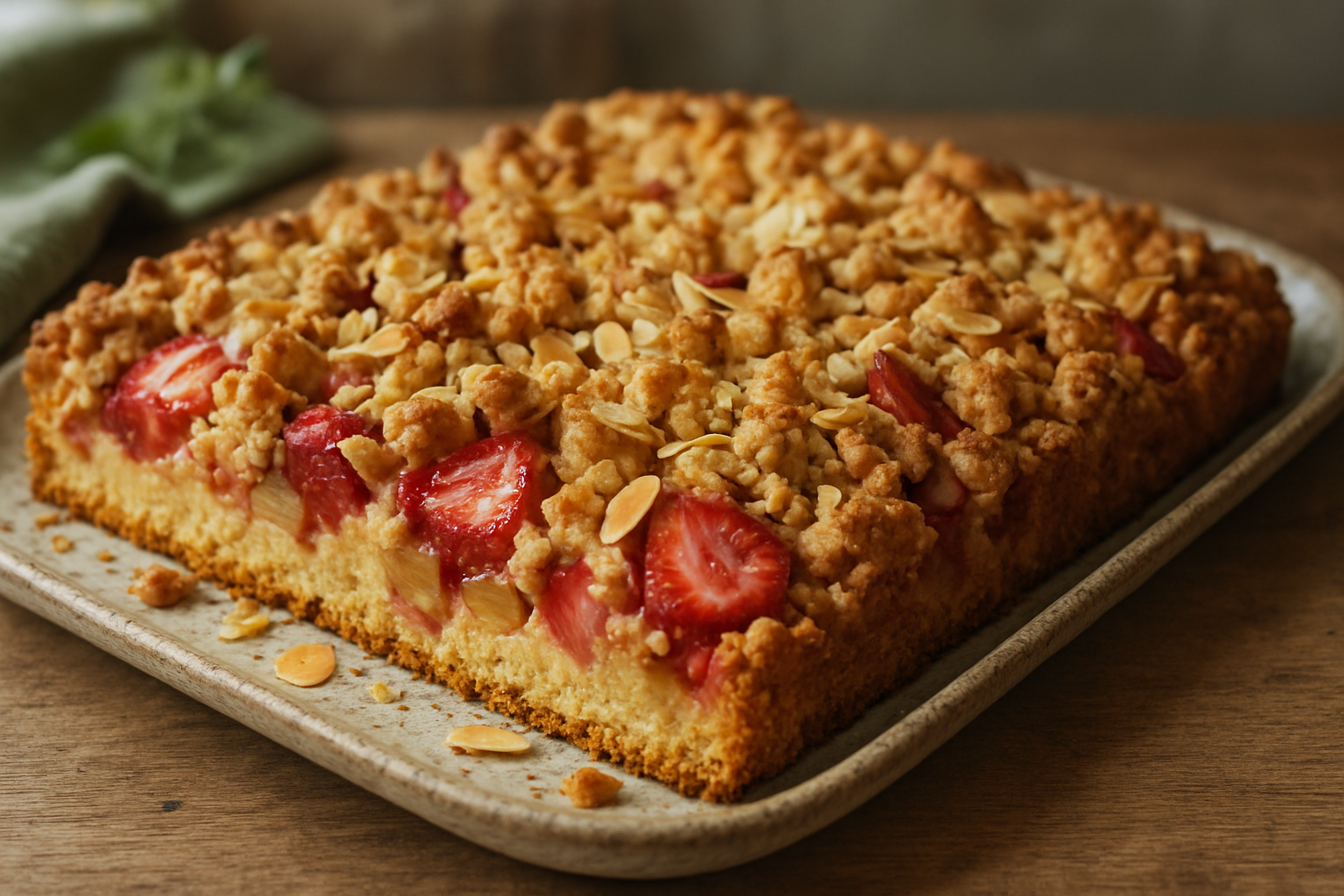 Erdbeer-Rhabarber-Streuselkuchen vom Blech: saftig und knusprig