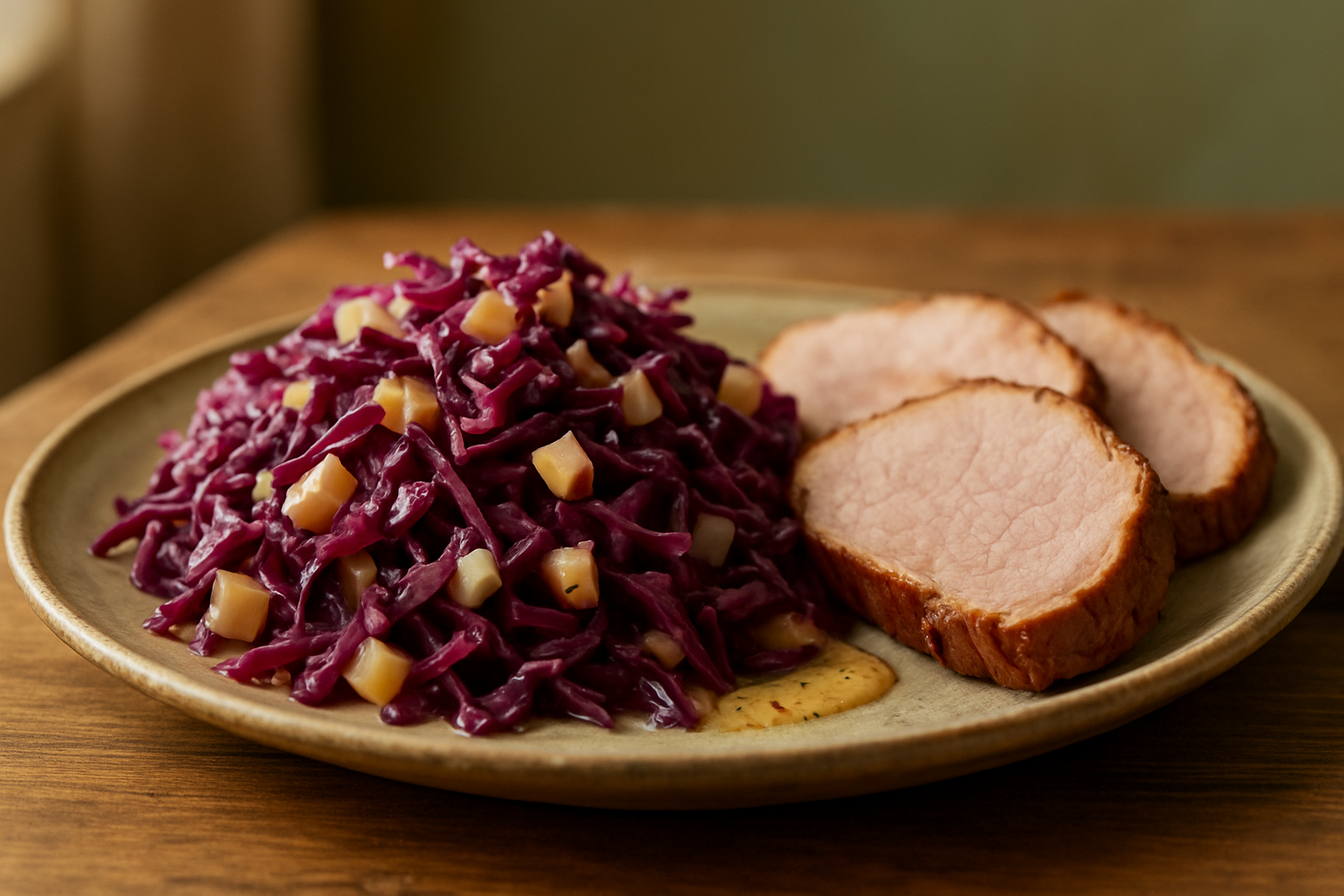 Frischer Rotkohl-Apfel-Salat mit Schweinebraten – perfekte Beilage für Herbst & Winter