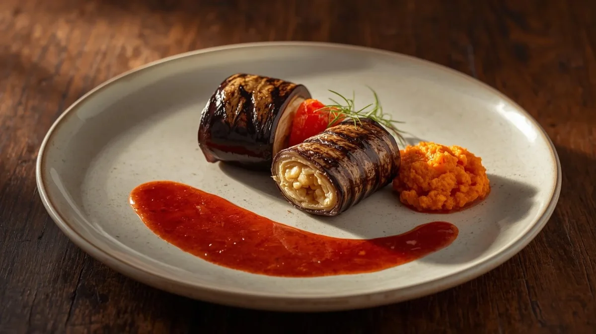 Gegrillte Auberginenpäckchen mit Tomaten und Kräutersauce