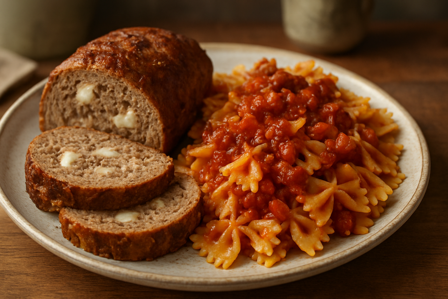Meatloaf with Bolognese and bow-tie pasta