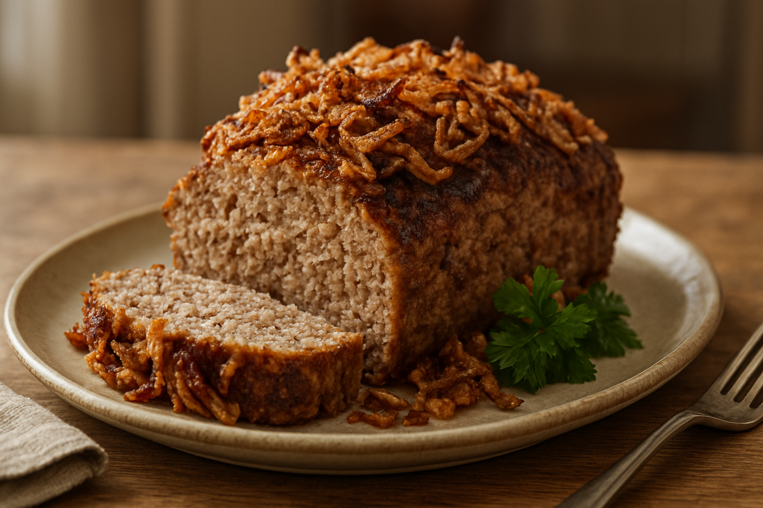 Classic German Meatloaf with Crispy Fried Onions – Perfect for Cozy Family Dinners