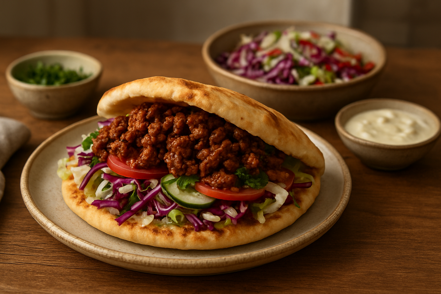 Homemade Döner Kebab with Spiced Mince and Cabbage Salad