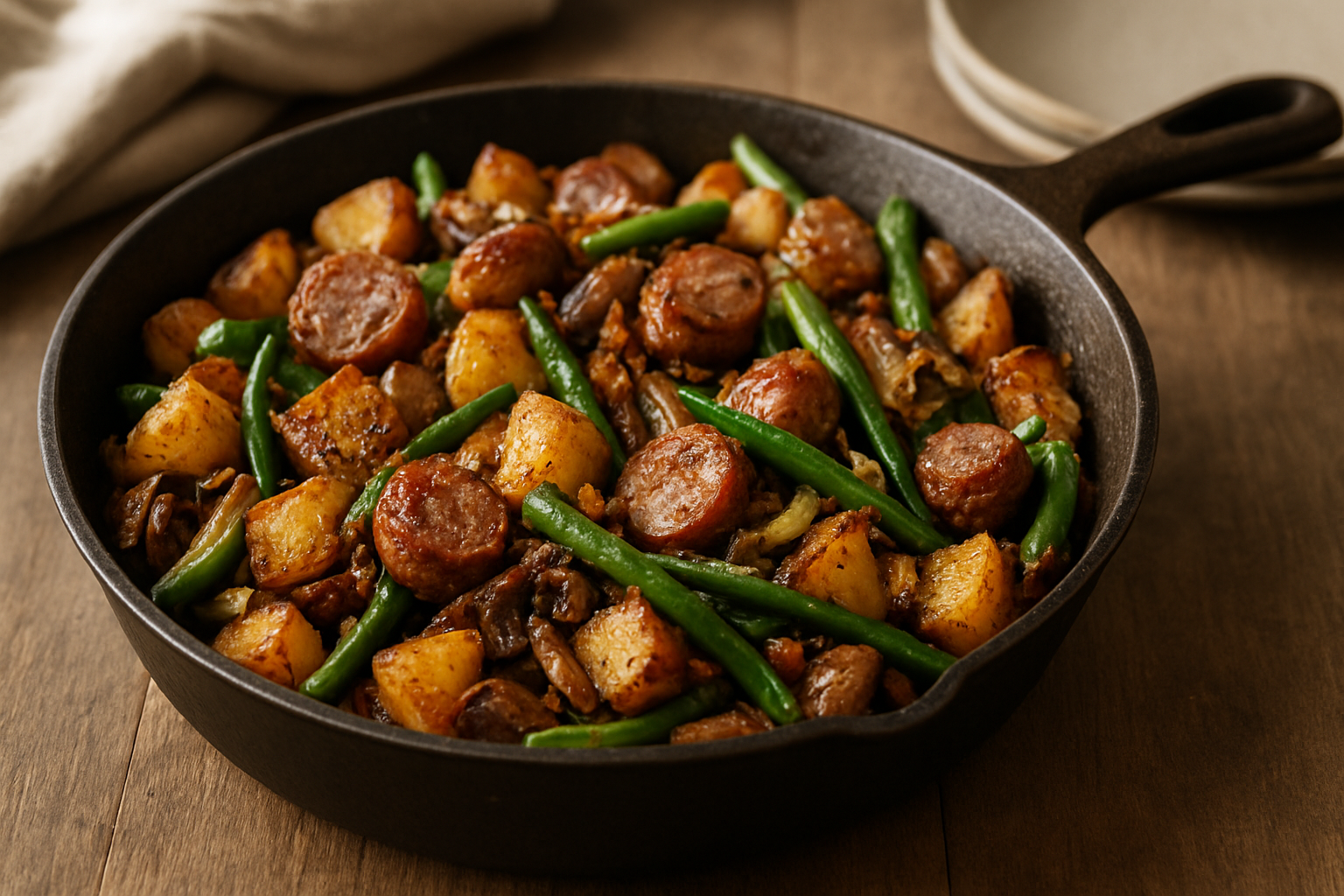 Herzhafte Bratwurstpfanne mit Grünen Bohnen und Kartoffeln – Klassiker der deutschen Küche