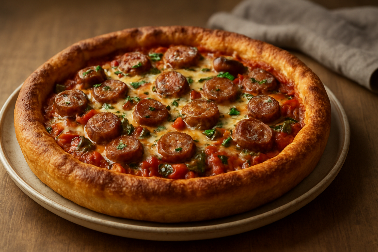 Herzhafte Deep-Dish-Pizza mit Bratwurst – Perfekt für gemütliche Abende
