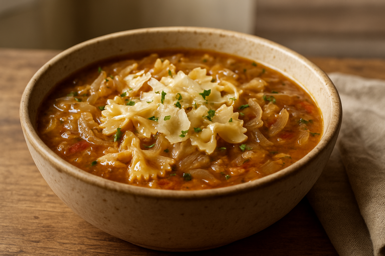 Herzhafte Zwiebelsuppe mit Nudeln – Schnelles Herbstgericht mit Pecorino