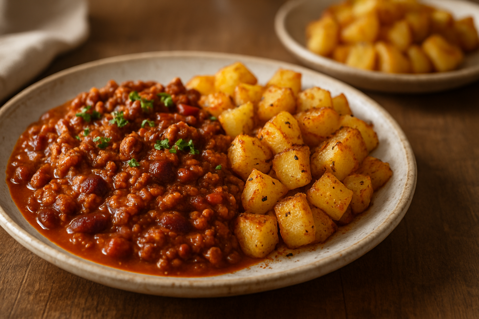 Herzhaftes Chili con Carne mit knusprigen Bratkartoffeln