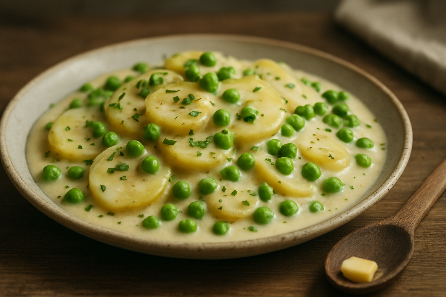 Kartoffeln in Bechamelsauce mit frischen Erbsen – Frühlingsbeilage klassisch genießen