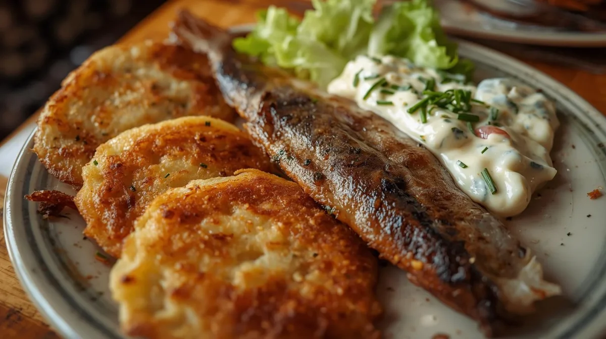Crispy Potato Fritters with Brathering and Cucumber Dip