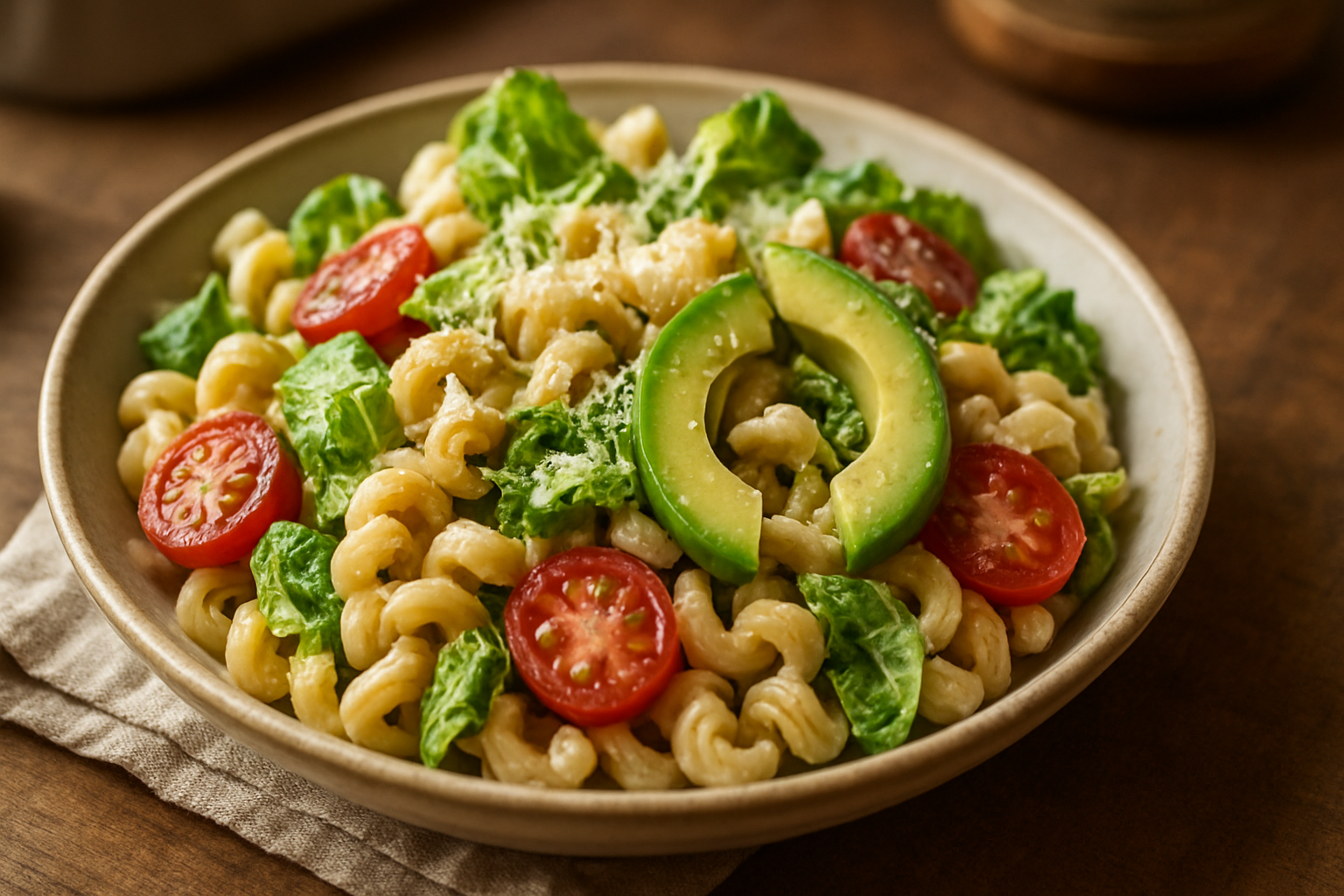 Nudelsalat mit Caesar-Dressing und Avocado – Frisch & Schnell zubereitet