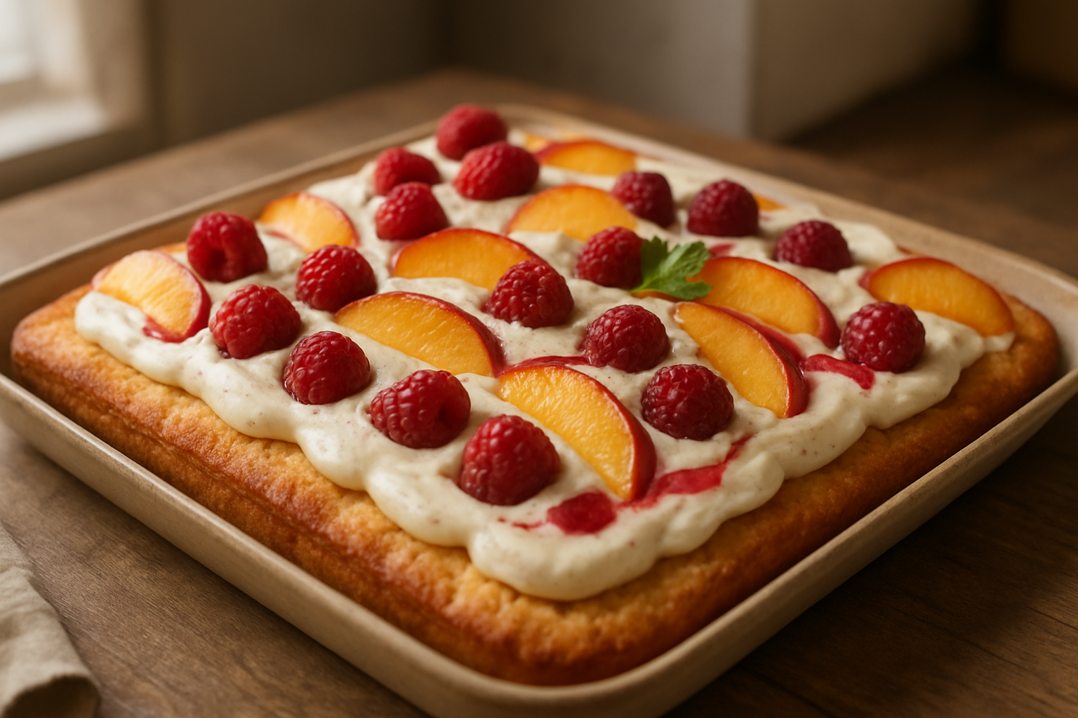 Pfirsich-Melba-Blechkuchen mit Himbeeren und Vanillecreme – Sommerlicher Genuss