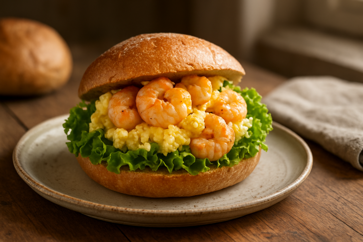 Shrimps-Rührei-Brötchen mit Chili, Knoblauch und Petersilie