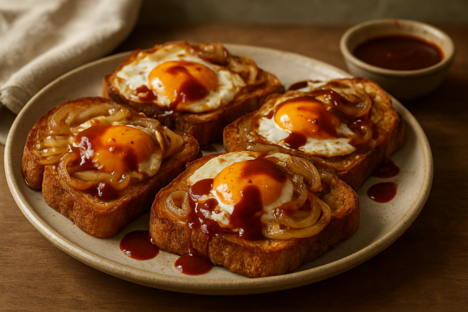 Spiegelei auf Zwiebelbrot mit BBQ-Sauce: schnell, herzhaft und knusprig