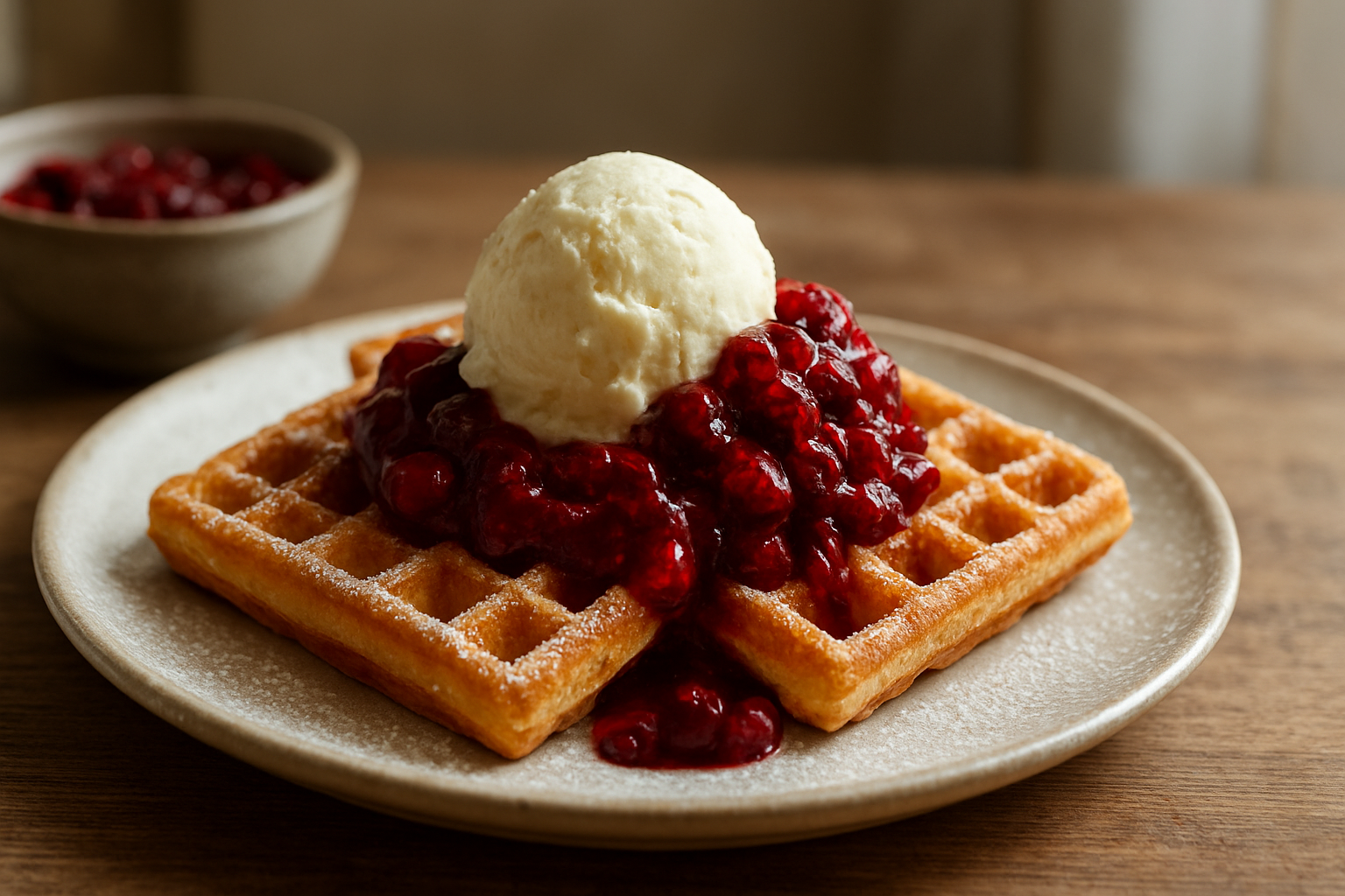 Waffeln mit Vanilleeis und roter Grütze – klassisches Dessert für jeden Tag