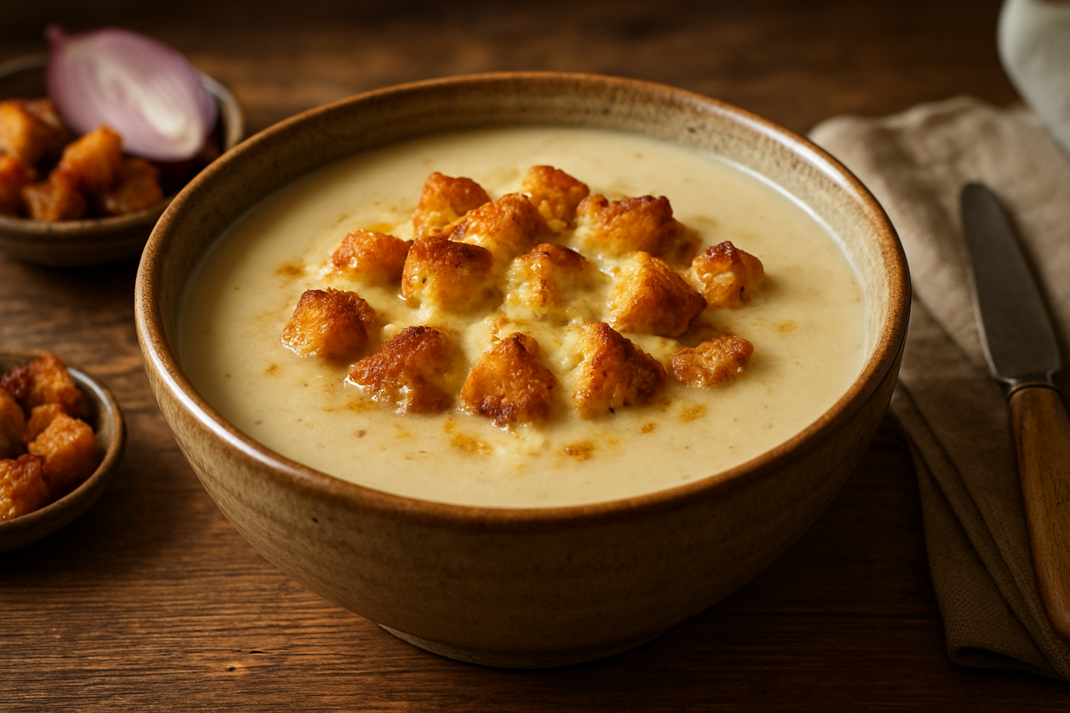 Zwiebelcremesuppe: Herzhaftes Herbstgericht mit knusprigen Croutons