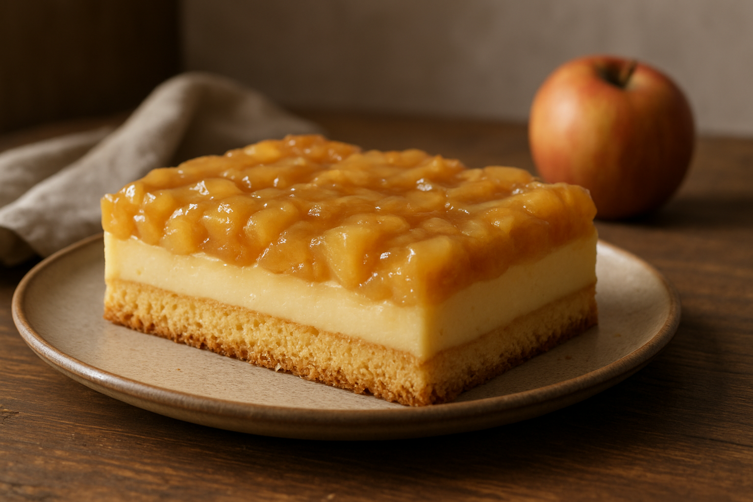 Apfelblechkuchen mit cremigem Puddingbelag