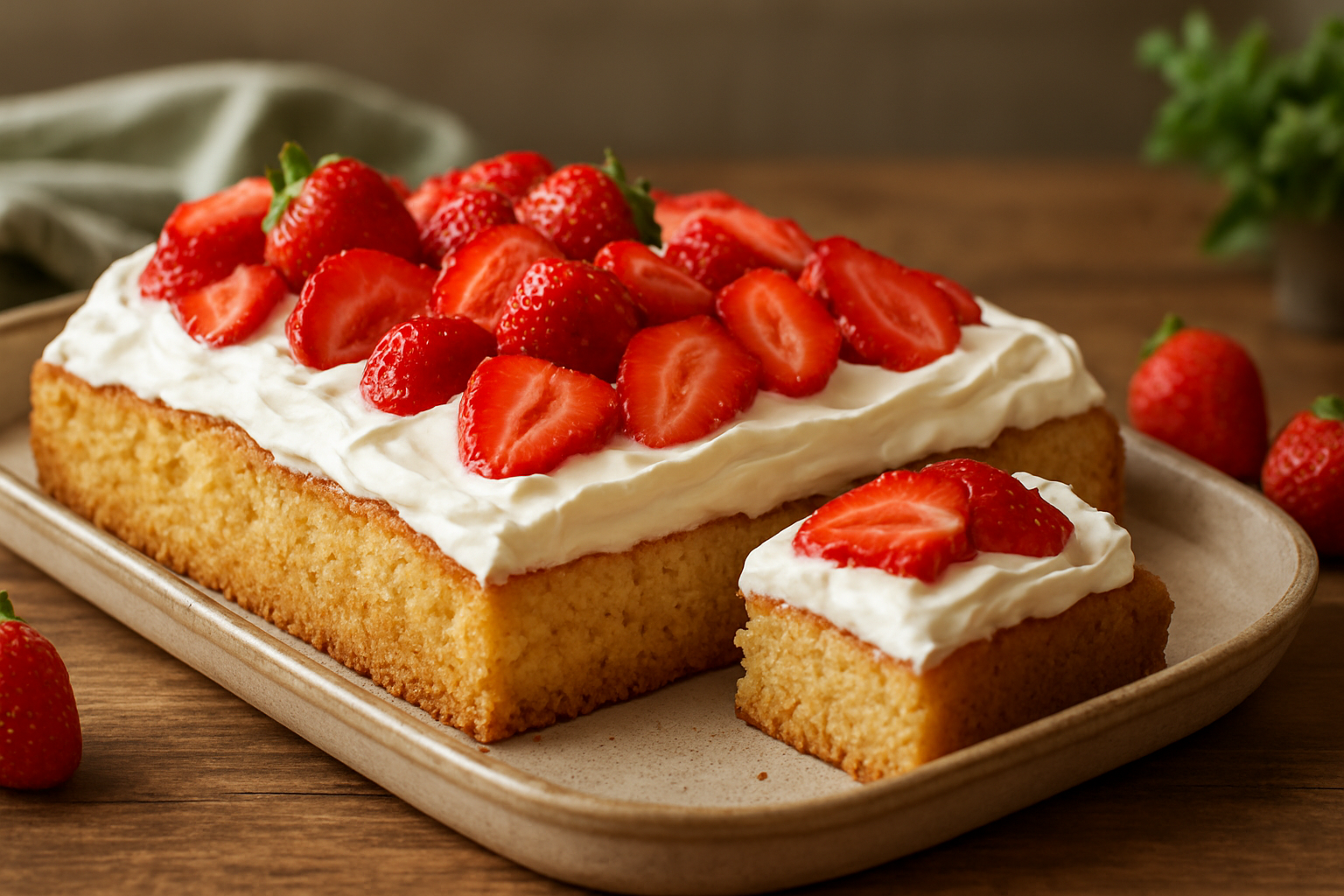 Saftiger Erdbeerkuchen vom Blech mit Frischkäse-Sahne-Topping