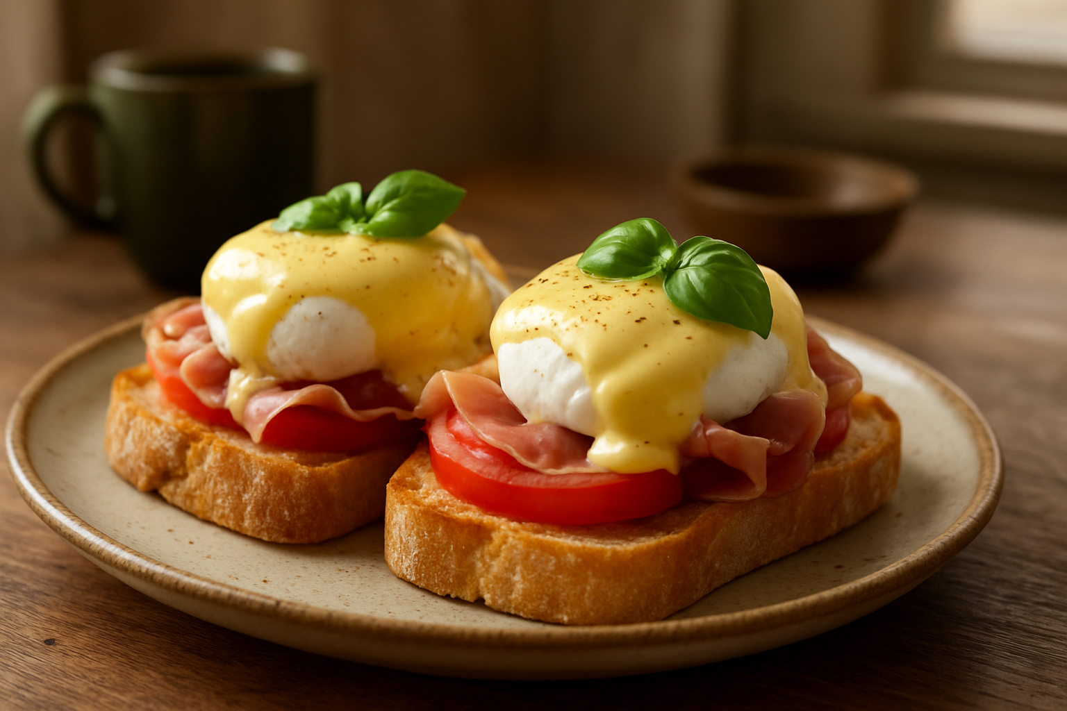 Eier Benedikt auf Ciabatta mit Prosciutto und Tomate