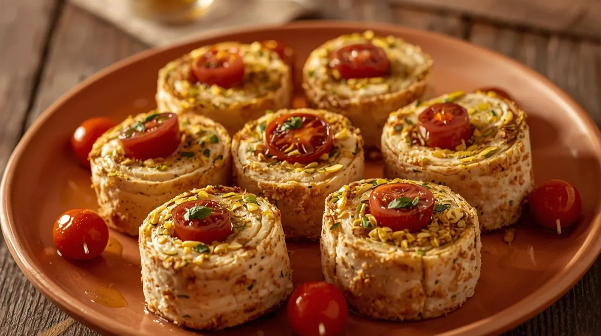 Involtini di pesce spatola con granella di pistacchio e pomodorini pachino