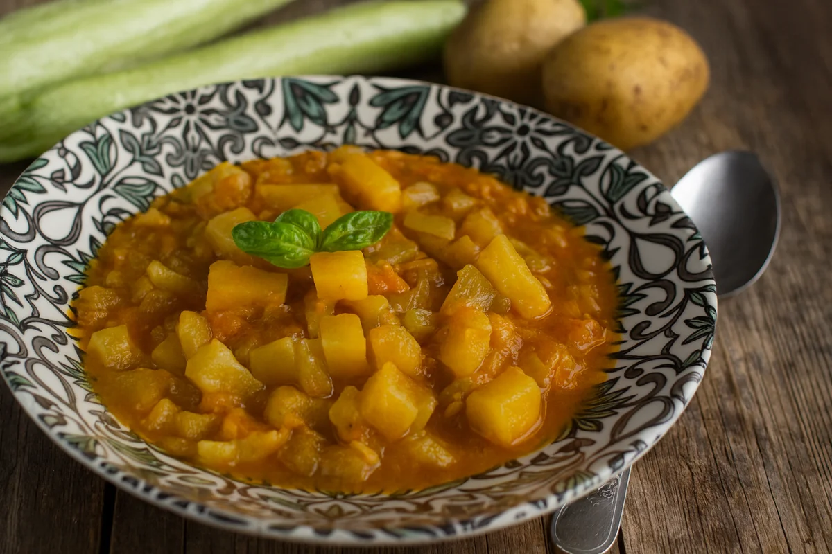 Pasta con patate, zucchina serpente e pomodoro fresco