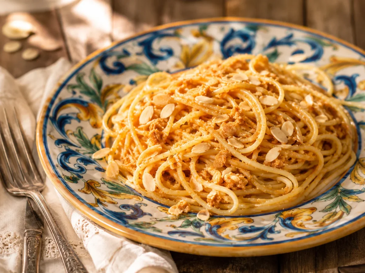 Pasta with swordfish roe: Sicilian seafood pasta with tuna and white wine