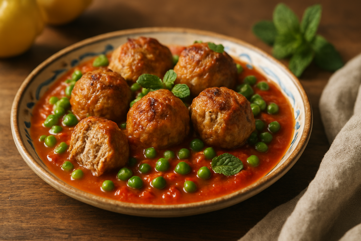 Polpette di tonno fresco alla siciliana con sugo di piselli e mentuccia