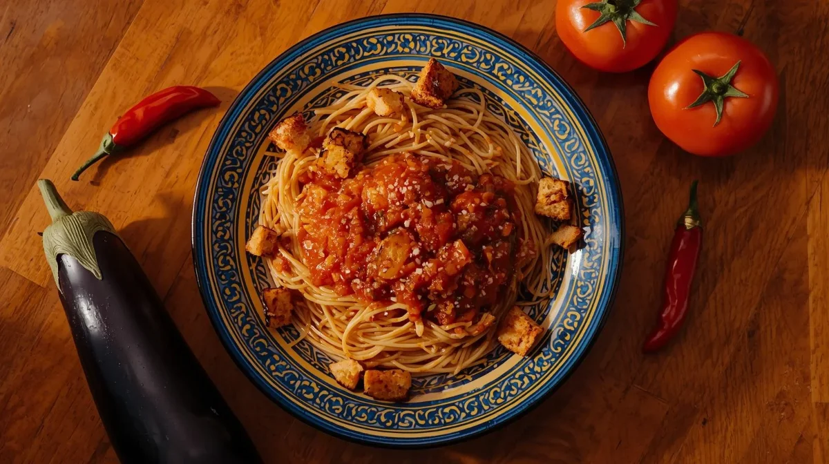 Knusprige Auberginen-Spaghetti mit würzigem Chili-Crostini