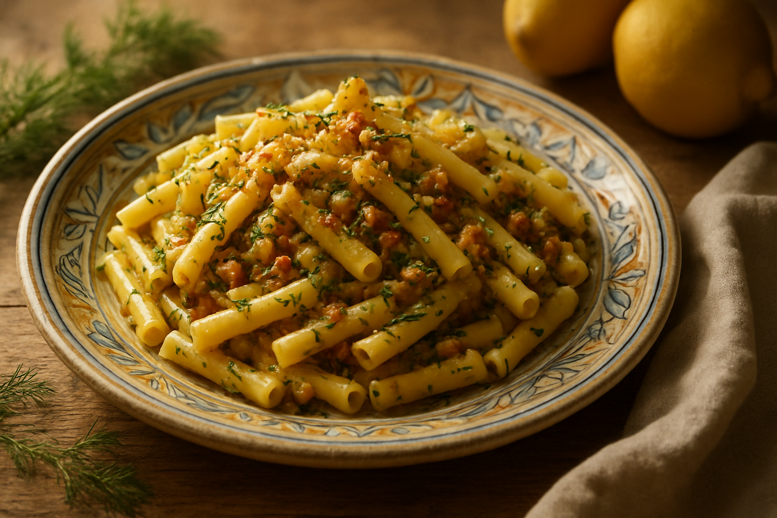 Sicilian Pasta with Wild Fennel and Crispy Pancetta from Madonie